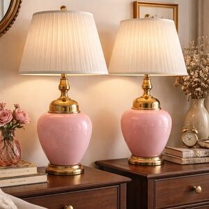 A Pair of Elegant Pink Glass Table Lamp with Gold Accents - Home Accents